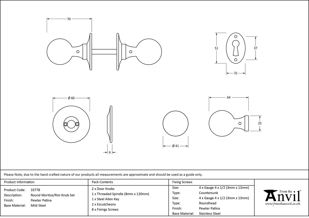 Pewter Round Mortice/Rim Knob Set - 33778 - Technical Drawing
