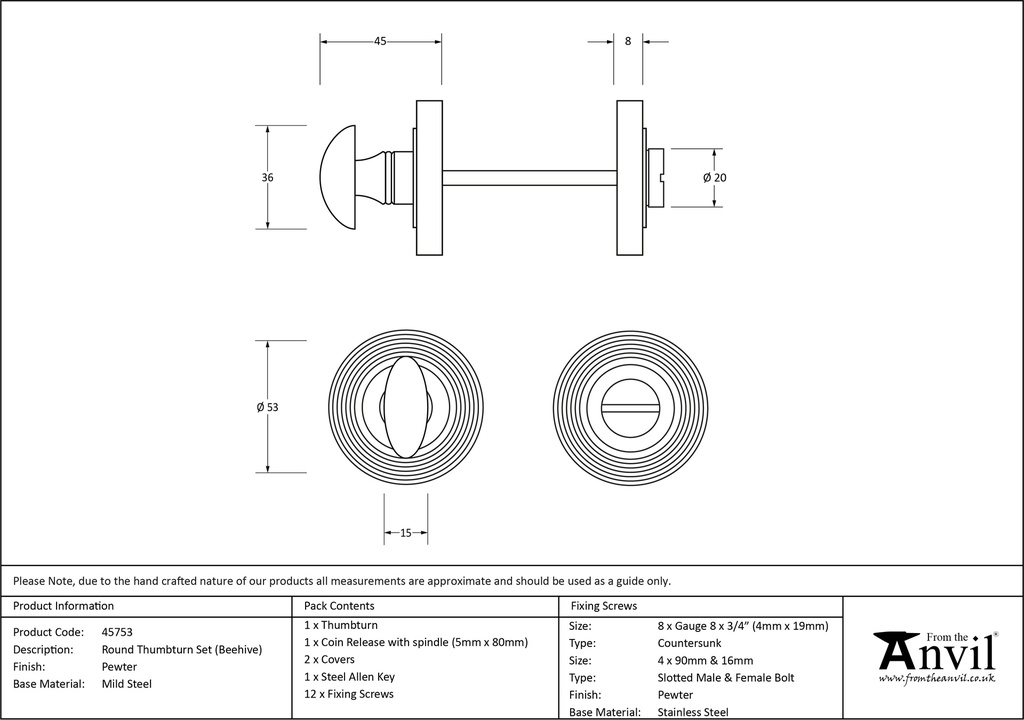 Pewter Round Thumbturn Set (Beehive) - 45753 - Technical Drawing