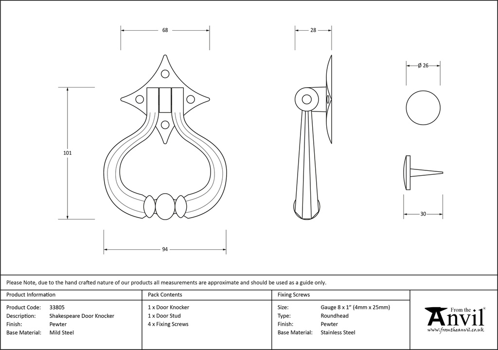 Pewter Shakespeare Door Knocker - 33805 - Technical Drawing