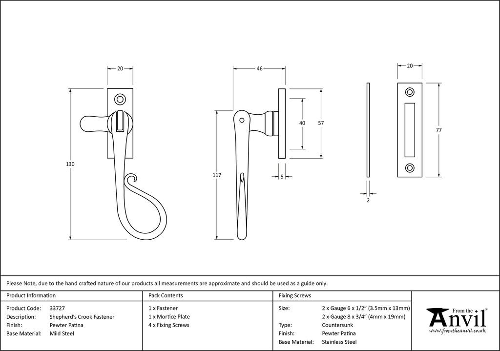 Pewter Shepherd's Crook Fastener - 33727 - Technical Drawing