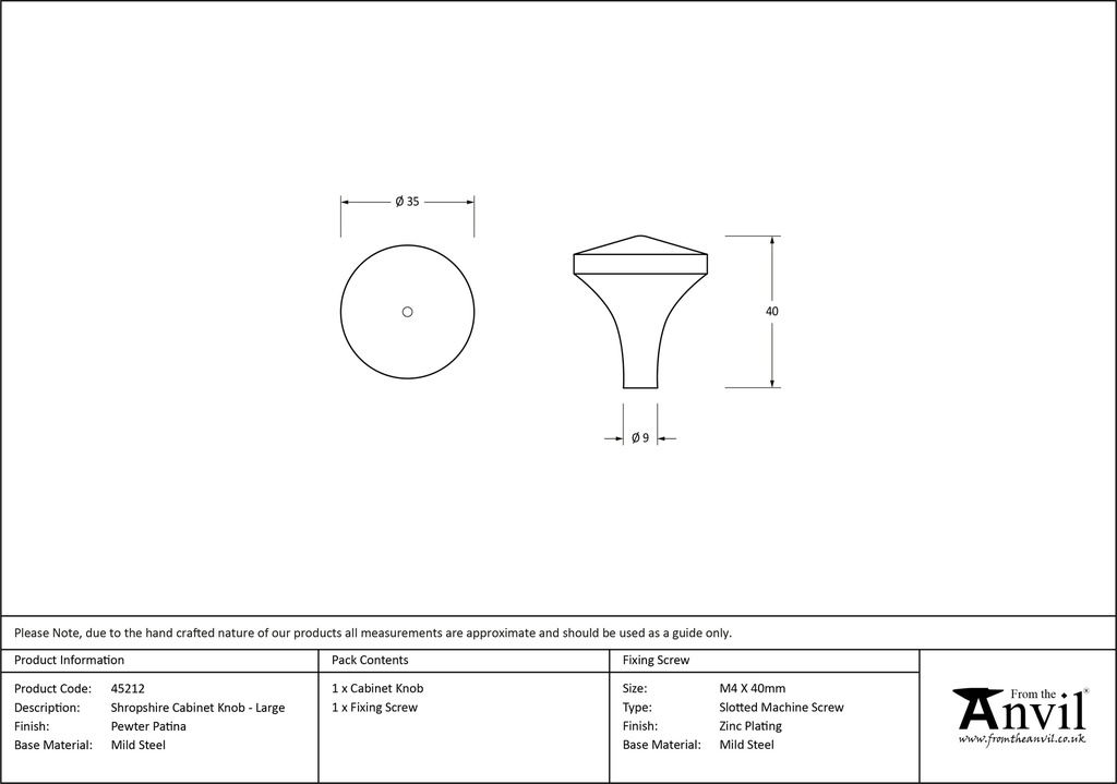 Pewter Shropshire Cabinet Knob - Large - 45212 - Technical Drawing