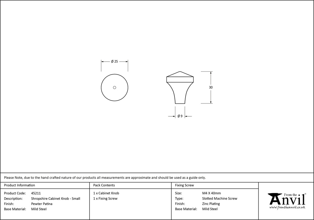 Pewter Shropshire Cabinet Knob - Small - 45211 - Technical Drawing