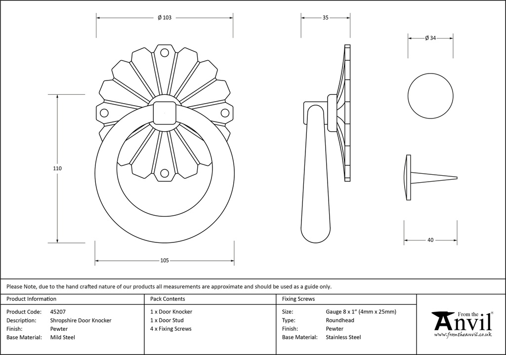 Pewter Shropshire Door Knocker - 45207 - Technical Drawing