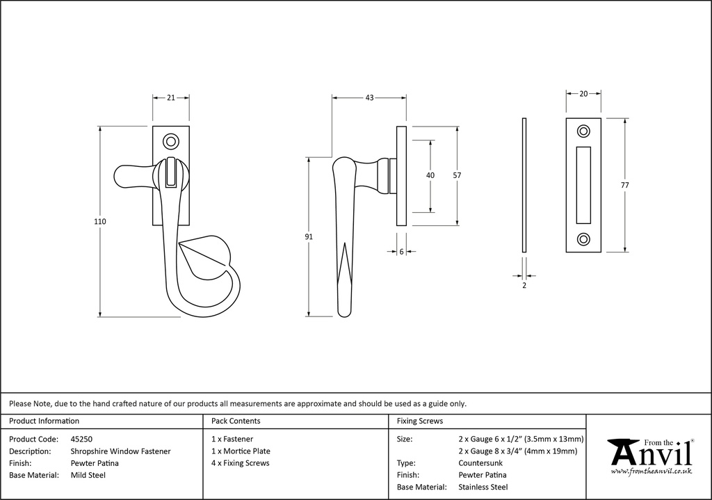 Pewter Shropshire Window Fastener - 45250 - Technical Drawing
