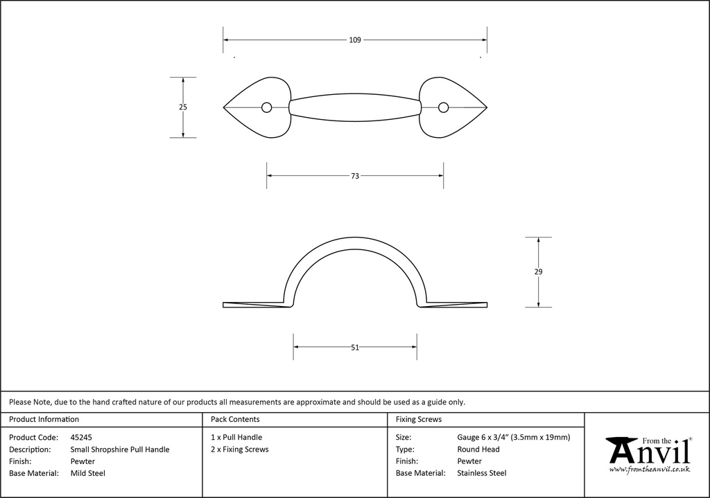 Pewter Small Shropshire Pull Handle - 45245 - Technical Drawing