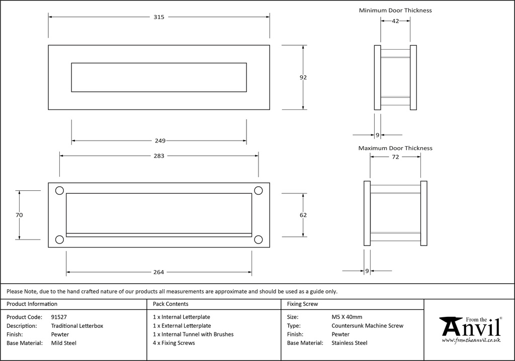 Pewter Traditional Letterbox - 91527 - Technical Drawing