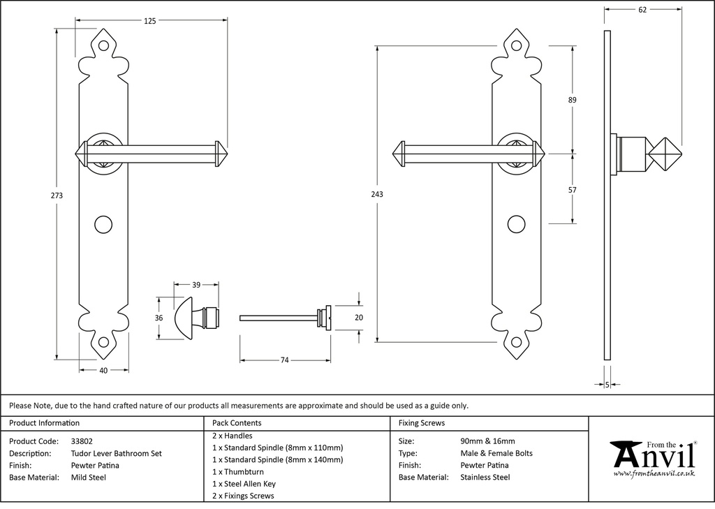 Pewter Tudor Lever Bathroom Set - 33802 - Technical Drawing