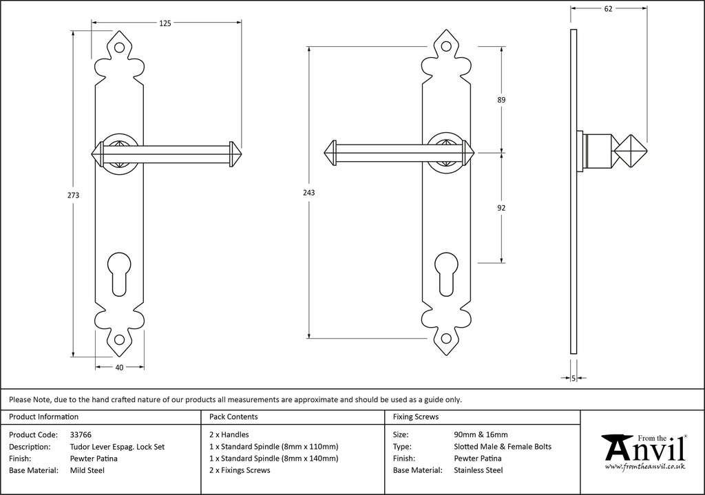 Pewter Tudor Lever Espag. Lock Set - 33766 - Technical Drawing