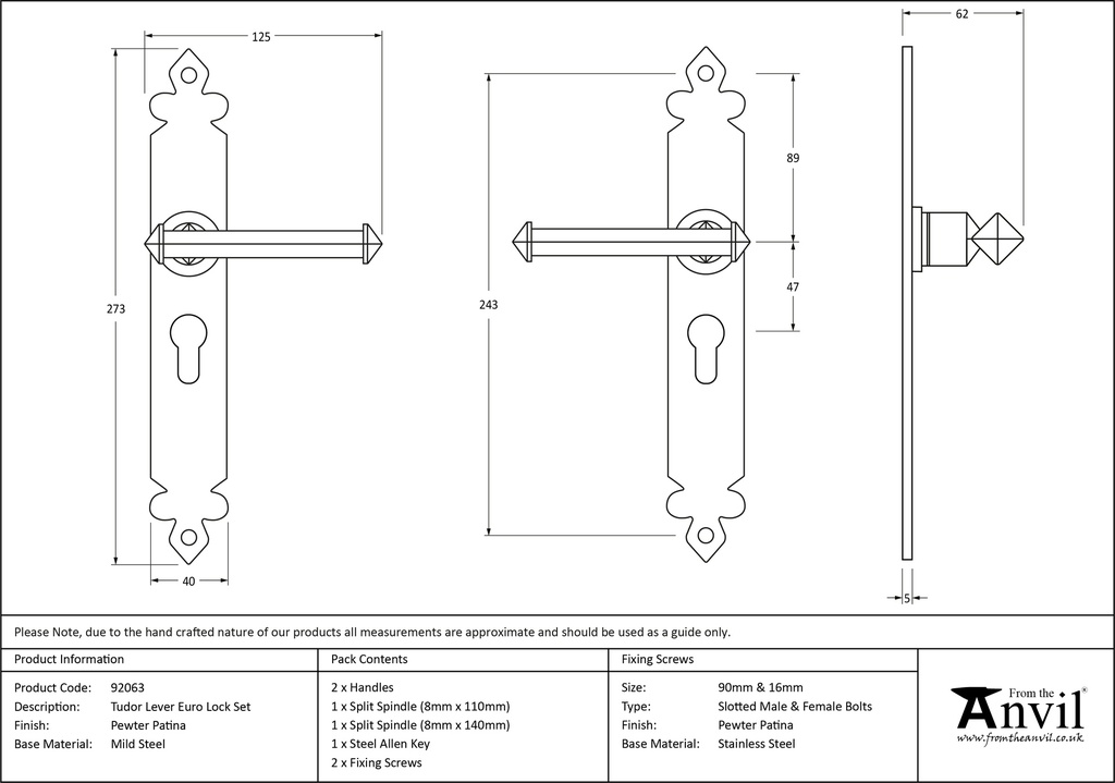 Pewter Tudor Lever Euro Lock Set - 92063 - Technical Drawing