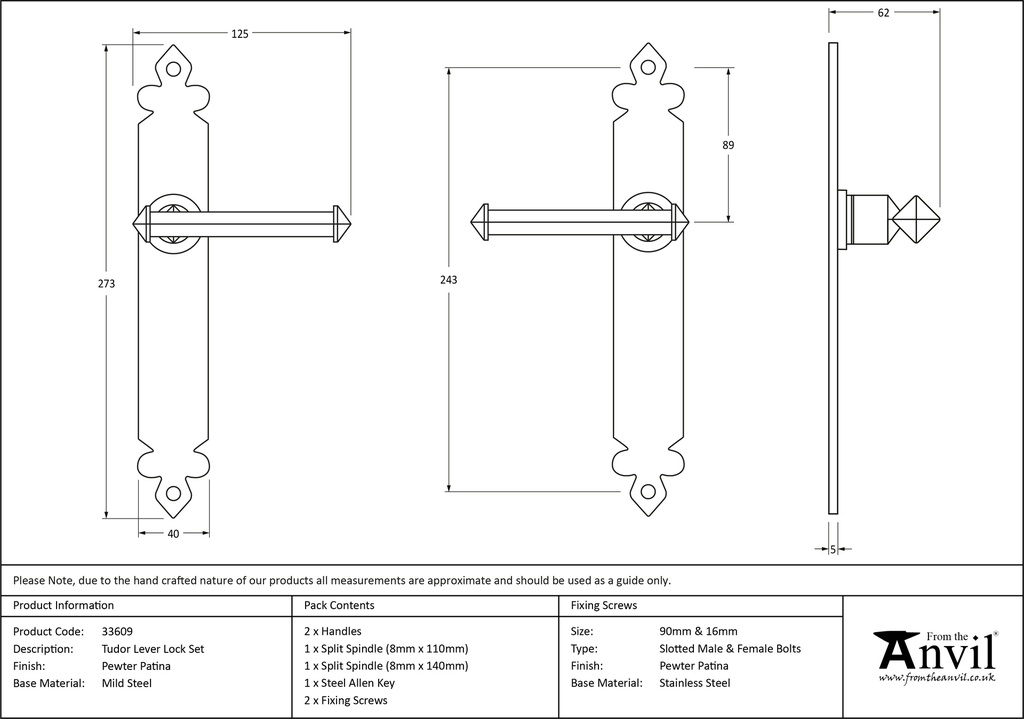 Pewter Tudor Lever Latch Set - 33609 - Technical Drawing