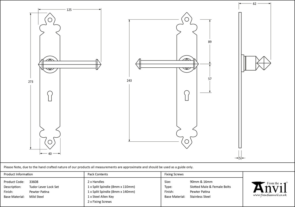 Pewter Tudor Lever Lock Set - 33608 - Technical Drawing