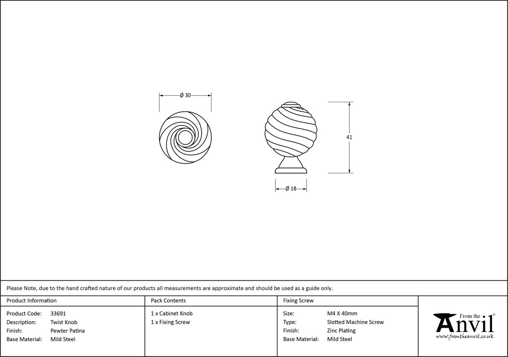 Pewter Twist Cabinet Knob - 33691 - Technical Drawing