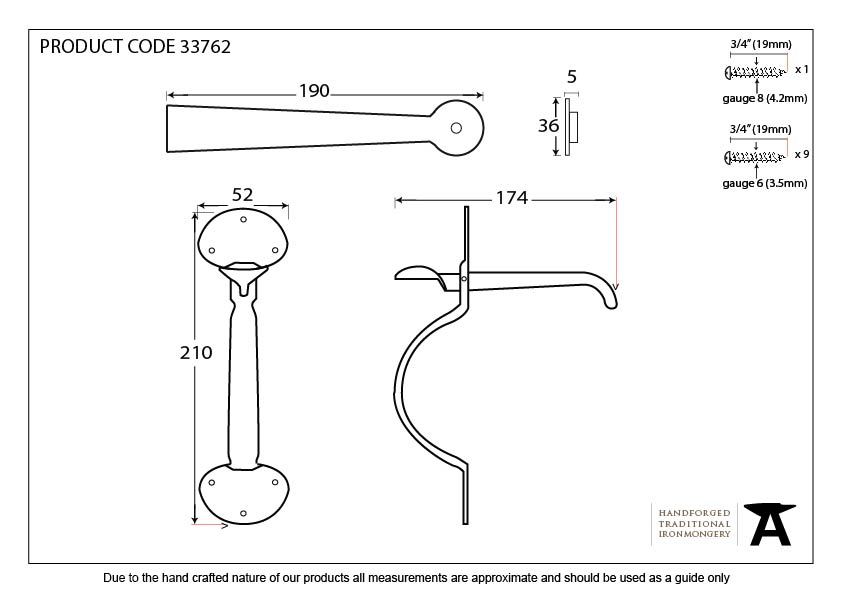 Pewter XL Medium Bean Thumblatch - 33762 - Technical Drawing