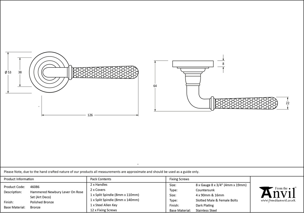 Pol. Bronze Hammered Newbury Lever on Rose Set (Art Deco) - 46086 - Technical Drawing