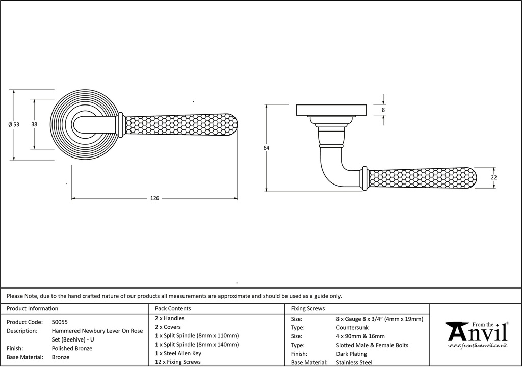 Pol. Bronze Hammered Newbury Lever on Rose Set (Beehive) - Unsprung - 50055 - Technical Drawing