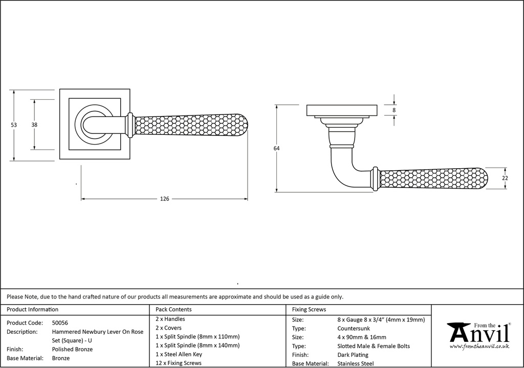 Pol. Bronze Hammered Newbury Lever on Rose Set (Square) - Unsprung - 50056 - Technical Drawing