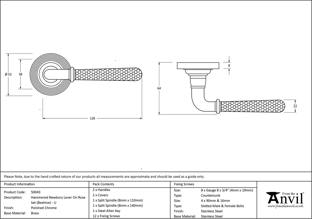 Pol. Chrome Hammered Newbury Lever on Rose Set (Beehive) - Unsprung - 50043 - Technical Drawing
