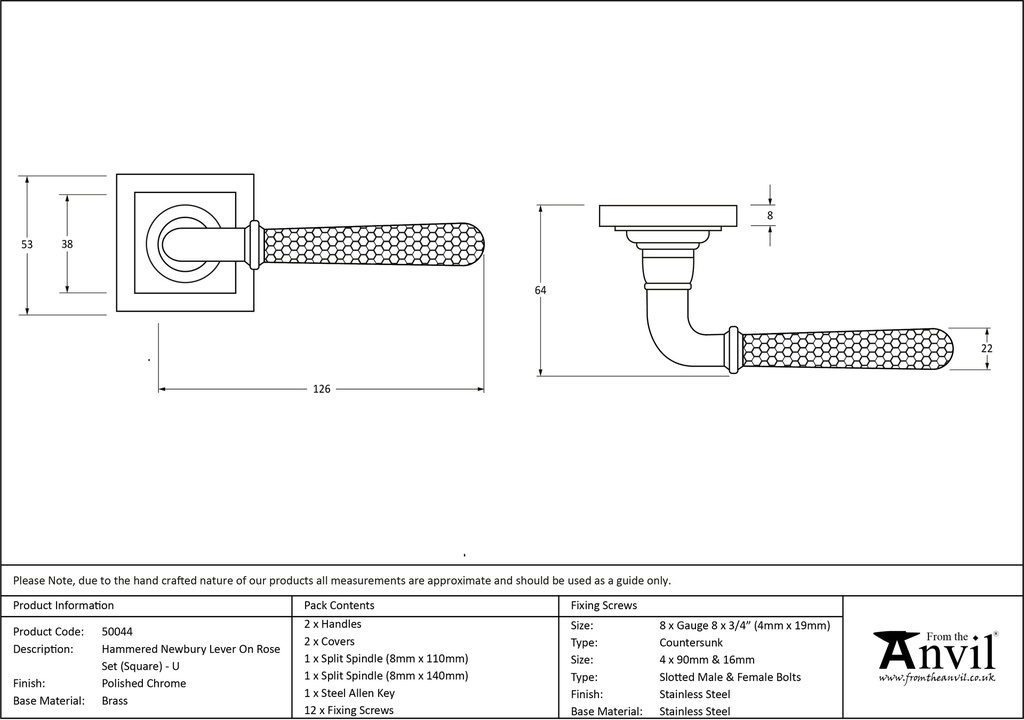 Pol. Chrome Hammered Newbury Lever on Rose Set (Square) - Unsprung - 50044 - Technical Drawing