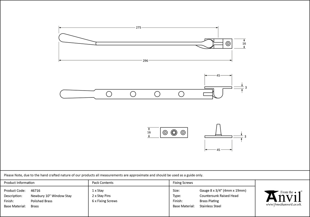 Polished Brass 10&quot; Newbury Stay - 46716 - Technical Drawing