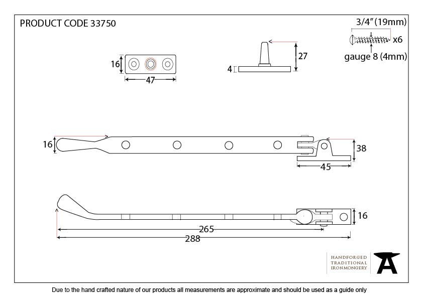 Polished Brass 10&quot; Peardrop Stay - 33750 - Technical Drawing