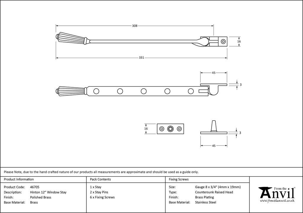 Polished Brass 12&quot; Hinton Stay - 46705 - Technical Drawing