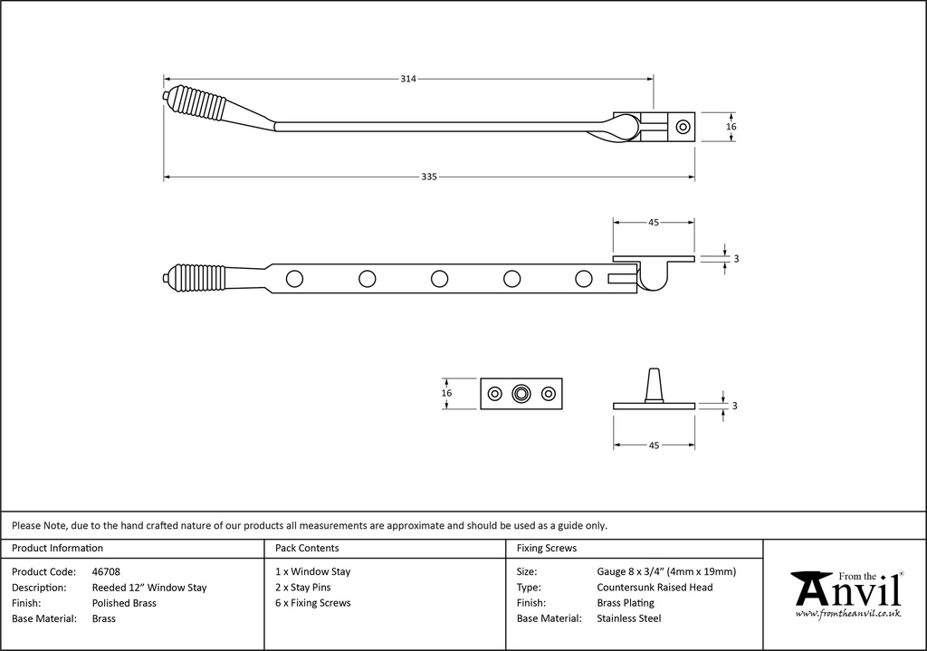 Polished Brass 12&quot; Reeded Stay - 46708 - Technical Drawing