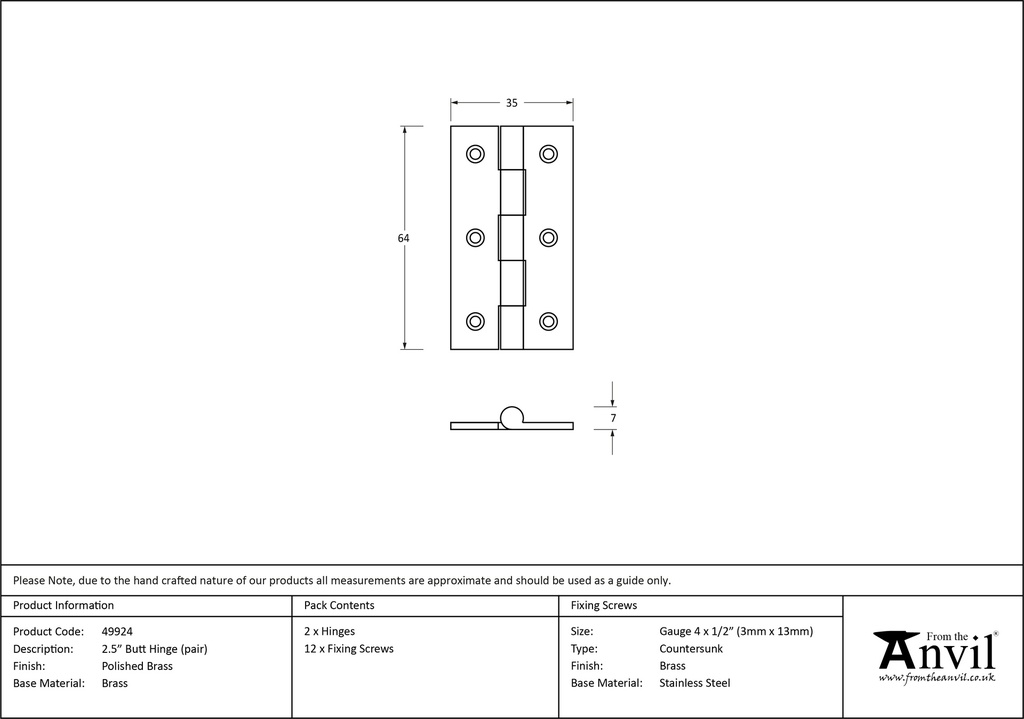 Polished Brass 2.5&quot; Butt Hinge (pair) - 49924 - Technical Drawing