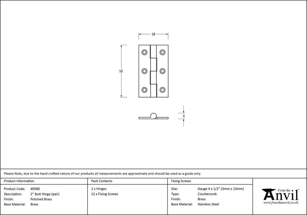 Polished Brass 2&quot; Butt Hinge (pair) - 49580 - Technical Drawing