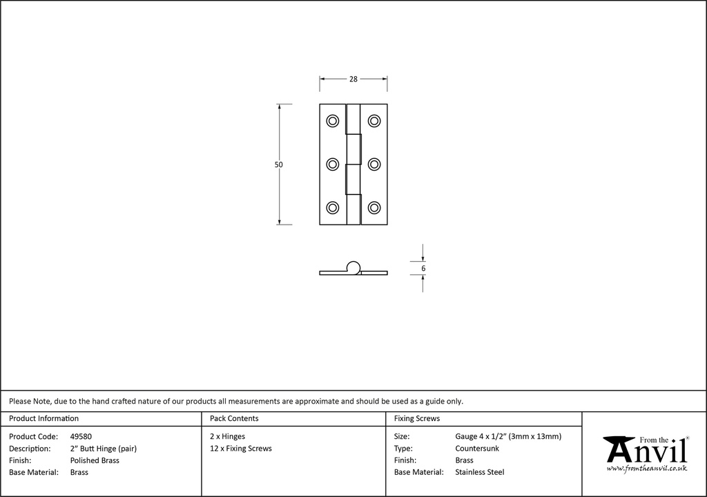 Polished Brass 2" Butt Hinge (pair) - 49580 - Technical Drawing