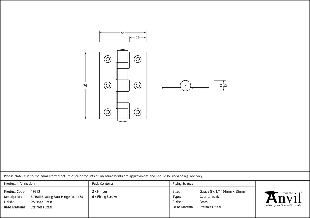 Polished Brass 3&quot; Ball Bearing Butt Hinge (pair) ss - 49572 - Technical Drawing