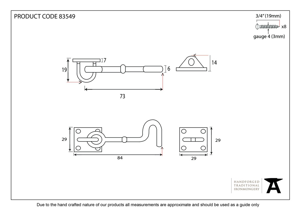 Polished Brass 3&quot; Cabin Hook - 83549 - Technical Drawing