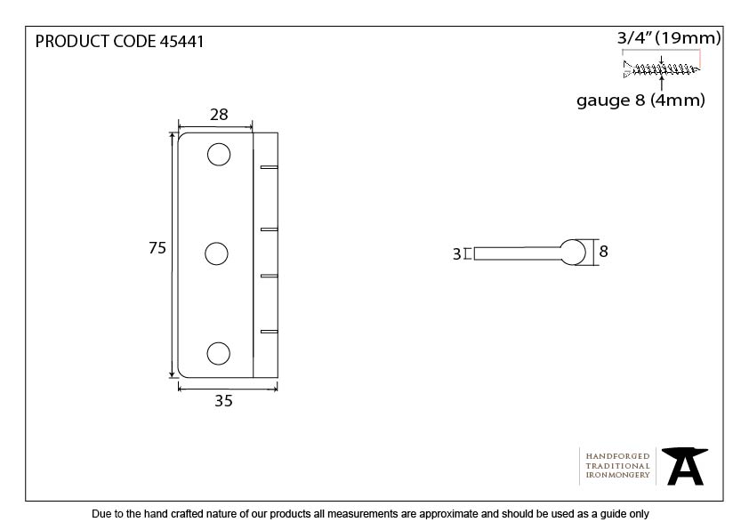 Polished Brass 3" Dummy Butt Hinge (Single) - 45441 - Technical Drawing