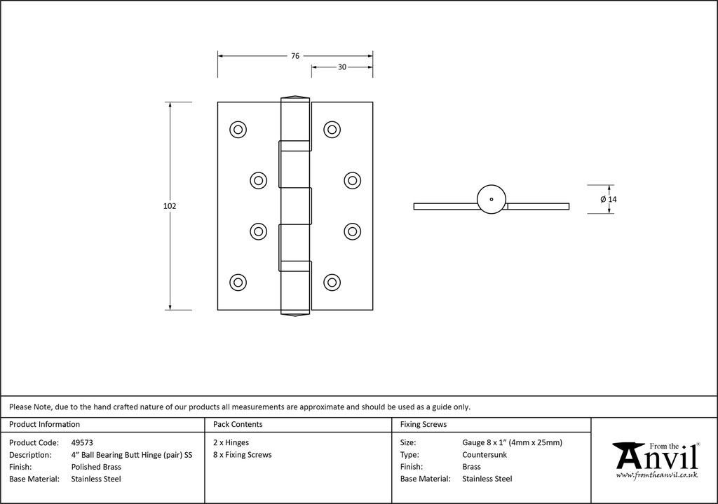 Polished Brass 4&quot; Ball Bearing Butt Hinge (pair) ss - 49573 - Technical Drawing