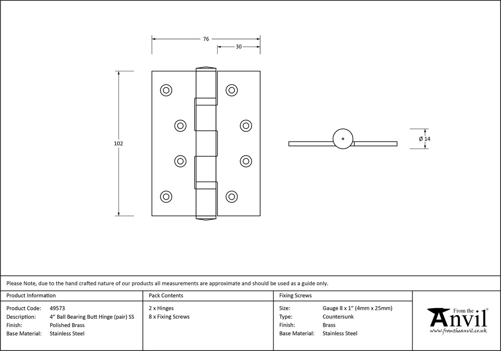 Polished Brass 4" Ball Bearing Butt Hinge (pair) ss - 49573 - Technical Drawing