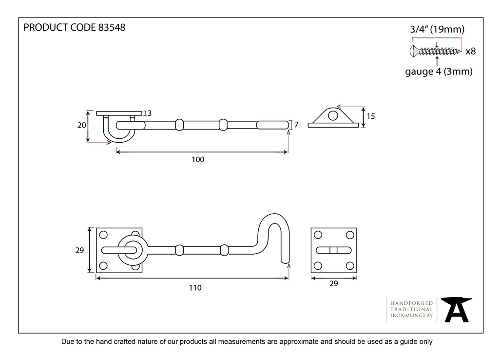 Polished Brass 4&quot; Cabin Hook - 83548 - Technical Drawing