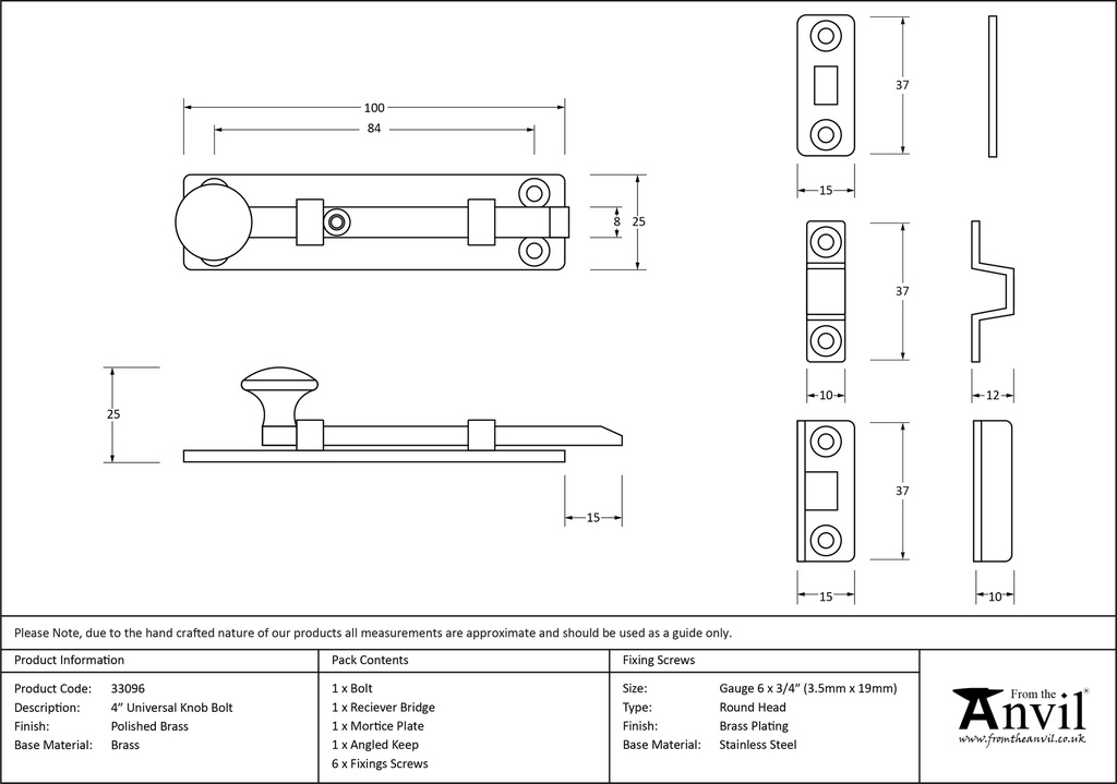 Polished Brass 4&quot; Universal Bolt - 33096 - Technical Drawing