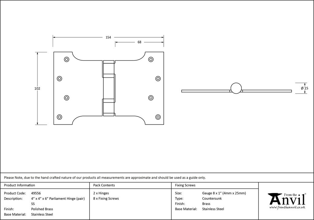 Polished Brass 4" x 4" x 6"  Parliament Hinge (pair) ss - 49556 - Technical Drawing