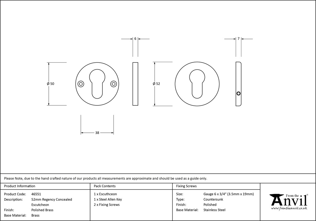 Polished Brass 52mm Regency Concealed Escutcheon - 46551 - Technical Drawing