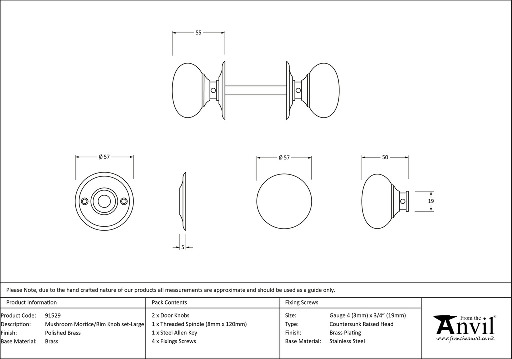 Polished Brass 57mm Mushroom Mortice/Rim Knob Set - 91529 - Technical Drawing