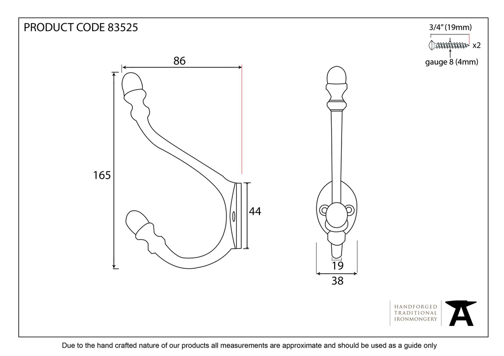 Polished Brass 6 1/2&quot; Hat &amp; Coat Hook - 83525 - Technical Drawing