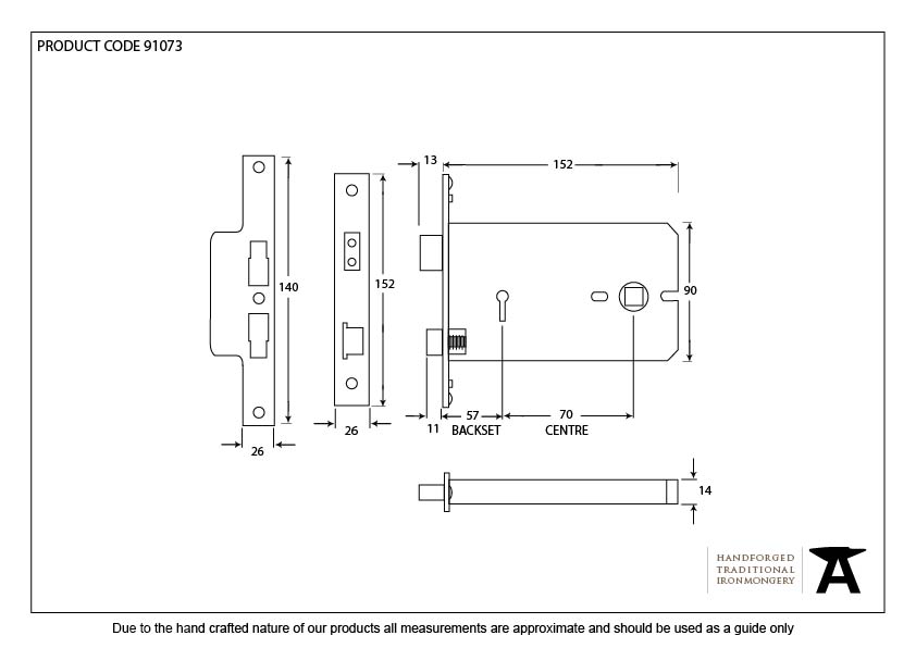 Polished Brass 6&quot; Horizontal 5 Lever Sash Lock - 91073 - Technical Drawing