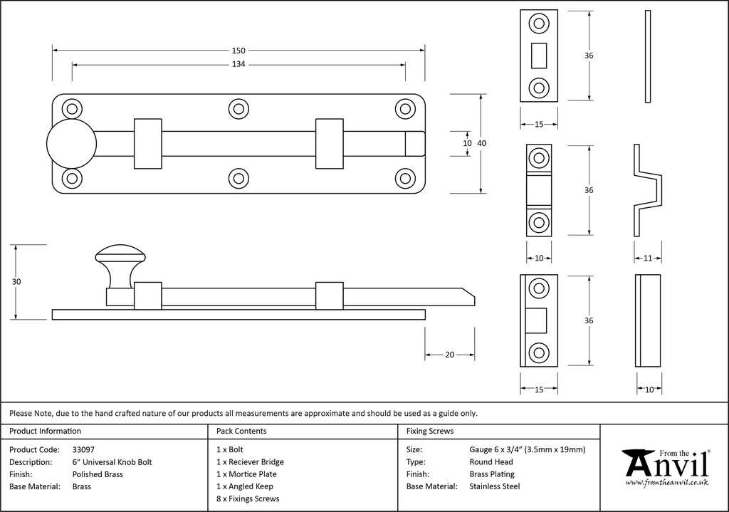 Polished Brass 6&quot; Universal Bolt - 33097 - Technical Drawing