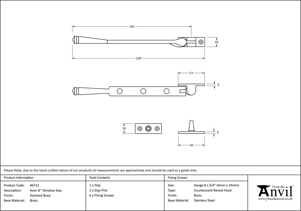 Polished Brass 8" Avon Stay - 46712 - Technical Drawing