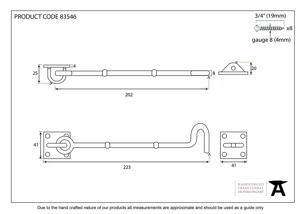 Polished Brass 8&quot; Cabin Hook - 83546 - Technical Drawing
