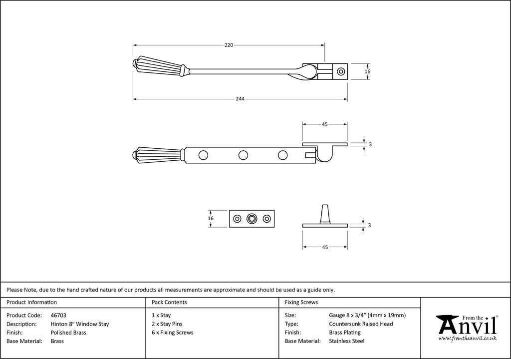 Polished Brass 8&quot; Hinton Stay - 46703 - Technical Drawing