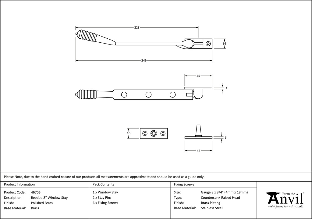 Polished Brass 8&quot; Reeded Stay - 46706 - Technical Drawing