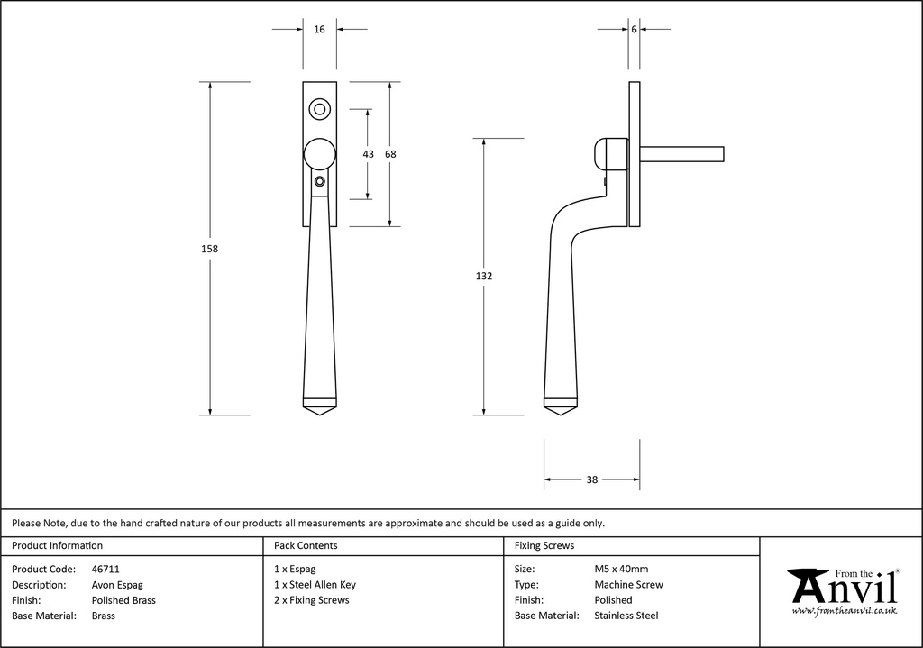 Polished Brass Avon Espag - 46711 - Technical Drawing