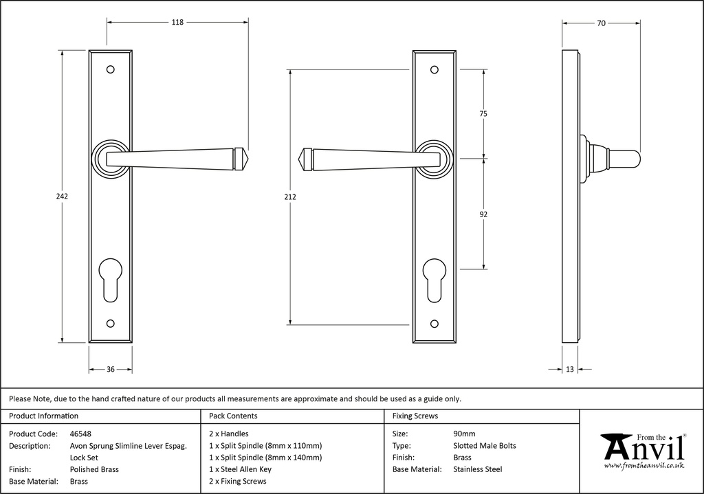 Polished Brass Avon Slimline Lever Espag. Lock Set - 46548 - Technical Drawing