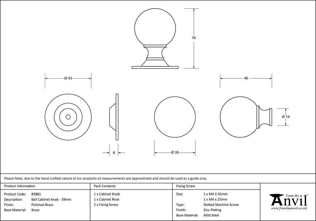 Polished Brass Ball Cabinet Knob 39mm - 83881 - Technical Drawing
