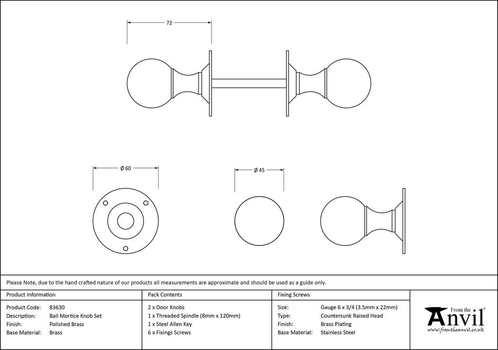 Polished Brass Ball Mortice Knob Set - 83630 - Technical Drawing